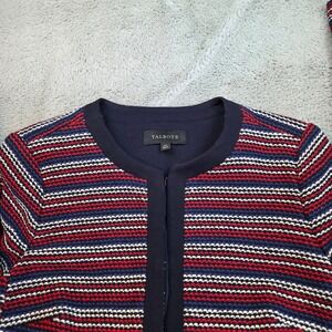 Talbots Striped Knit Jacket Women XS Navy Red White Nautical Crest Button Blazer